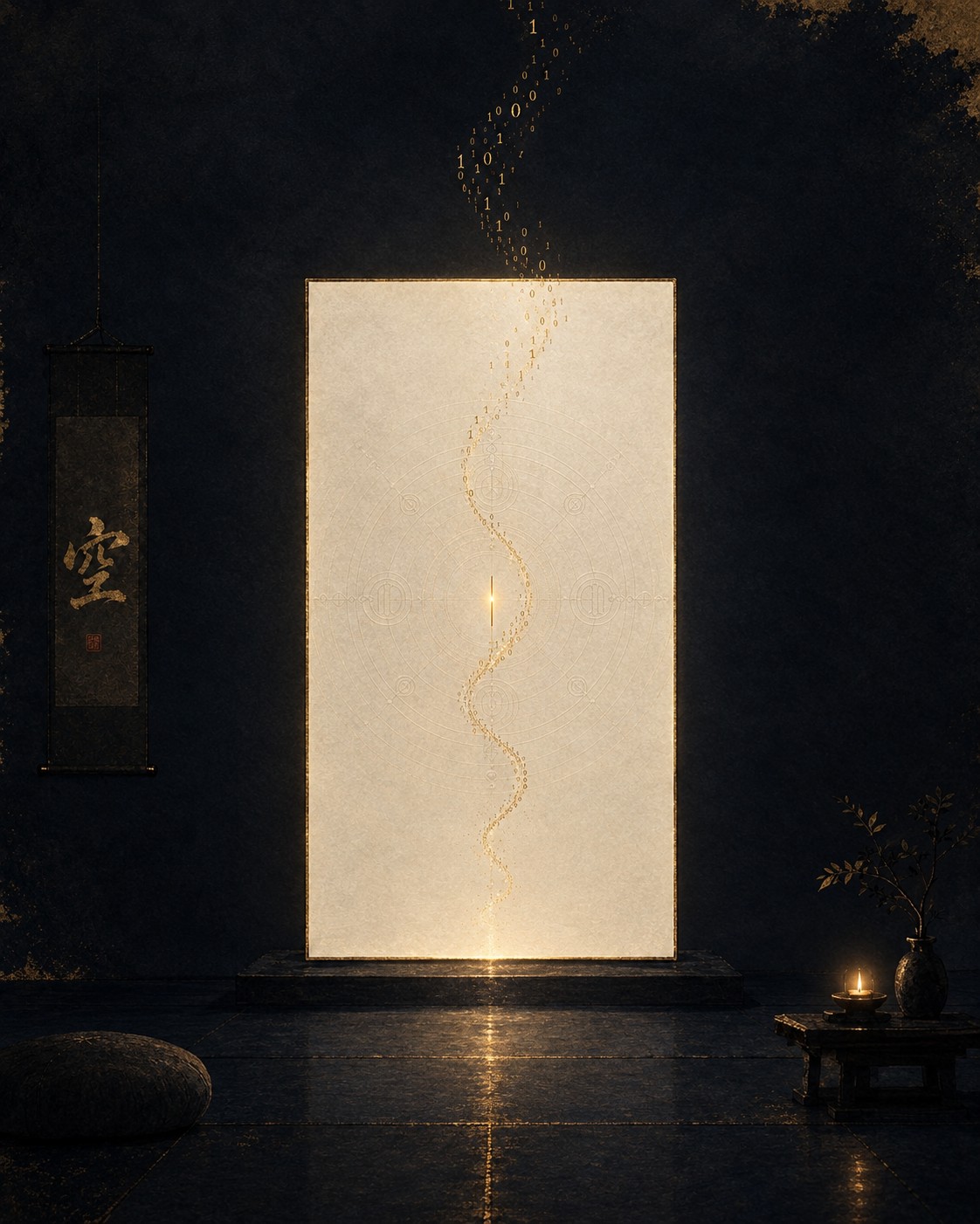 A quiet indigo room with a hanging scroll reading ku (emptiness); on a luminous standing page, a single thread of tiny golden ones and zeros curves down to a glinting cursor at the still center.