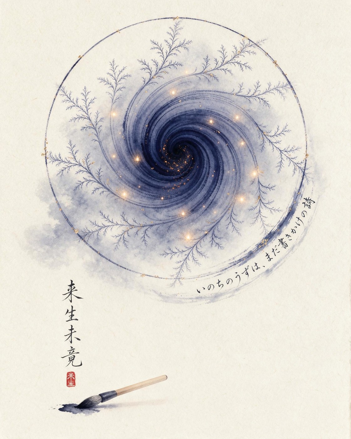A misty indigo ink vortex edged with fern-like fractals; sparse gold embers glow near its dark heart. A faint line of Japanese calligraphy curves along the outer spiral arm, and a vertical calligraphy column with a red seal stands at lower left beside a resting brush.