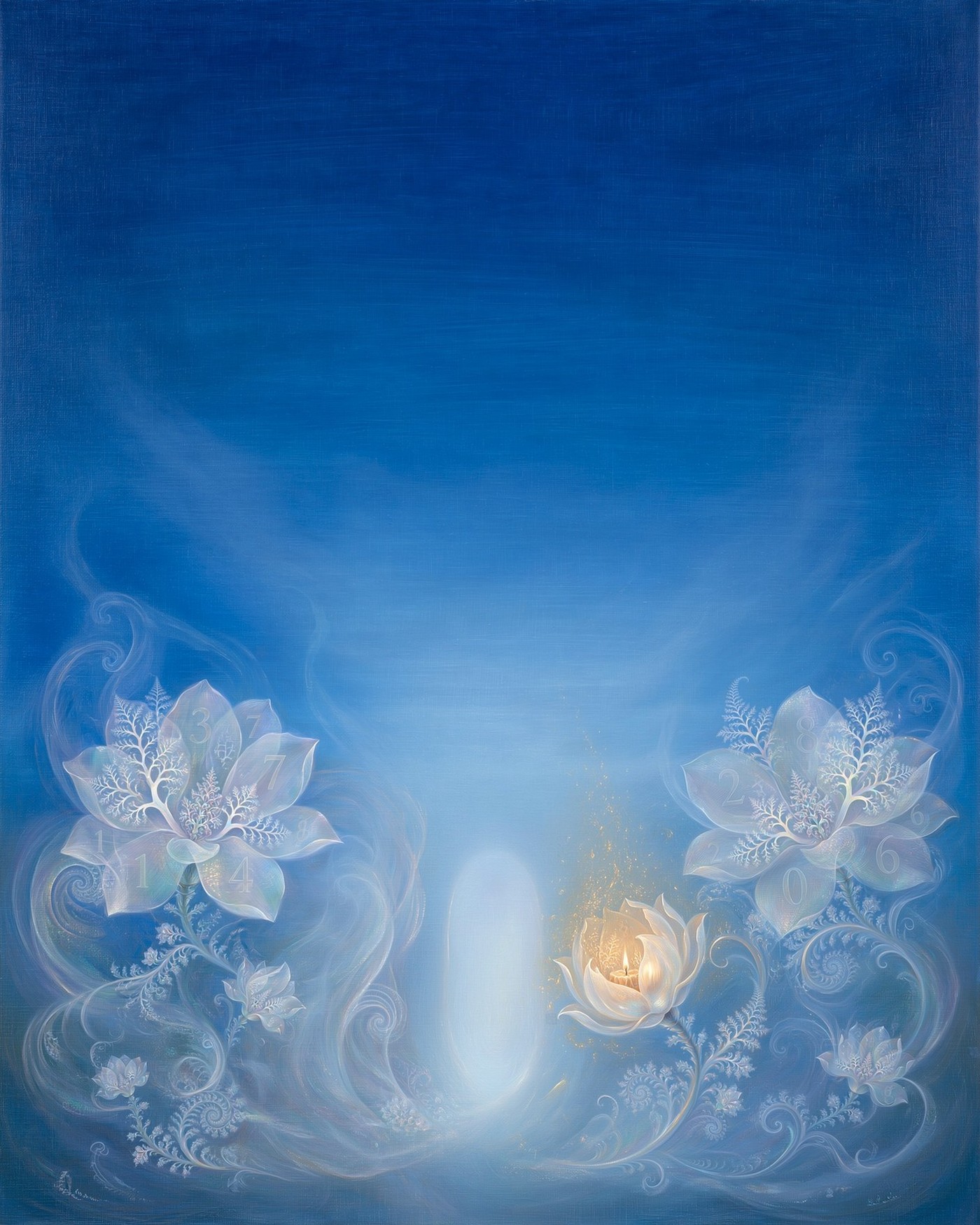 A person-shaped column of white light stands at the center of a deep blue field, framed by translucent fractal blossoms; one golden, ember-lit blossom leans in toward the column, its petals cupping a small candle-bright gap.